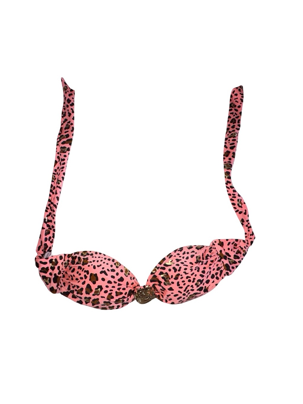 Luli Fama Pink Leopard Print Bikini Top Gold Accents Size Large - Picture 3 of 5